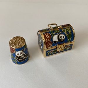 Vintage Cloisonné Panda Thimble Enclosed  In Blue and Gold Enamel Treasure Chest